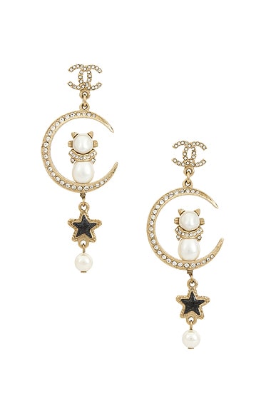 FWRD Renew Chanel Coco Mark Rhinestone Pearl Earrings in Gold