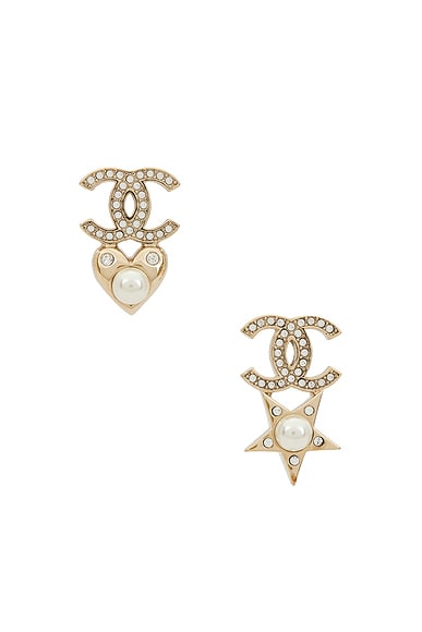FWRD Renew Chanel Coco Mark Rhinestone Pearl Earrings in Rose Gold