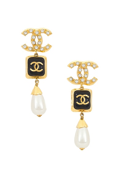Chanel Coco Mark Rhinestone Pearl Dangle Earrings