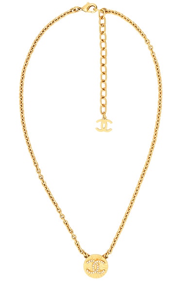 FWRD Renew Chanel Coco Mark Rhinestone Pendant Necklace in Gold
