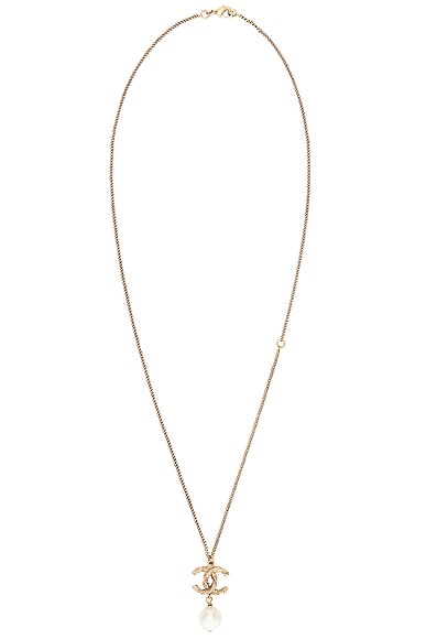 FWRD Renew Chanel Coco Mark Pearl Rhinestone Pendant Necklace in Light Gold