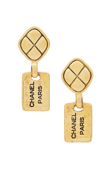 FWRD Renew Chanel Logo Plate Clip-On Earrings in Gold