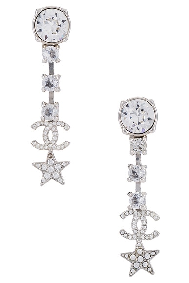 FWRD Renew Chanel Coco Mark Rhinestone Star Dangle Earrings in Silver