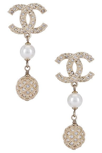 FWRD Renew Chanel Coco Mark Rhinestone Pearl Dangle Earrings in Gold