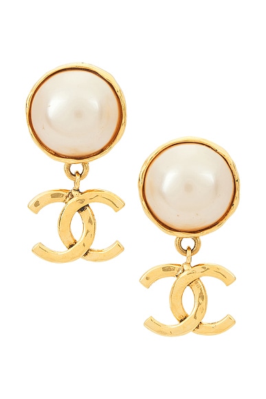FWRD Renew Chanel Coco Mark Pearl Clip-On Earrings in Gold