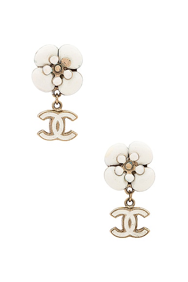 FWRD Renew Chanel Coco Mark Camellia Swing Earrings in Cream
