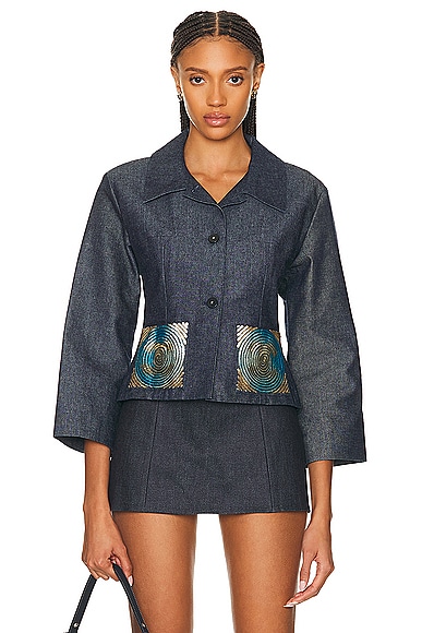 FWRD Renew Chanel Sequin Coco Denim Jacket in Dark Blue