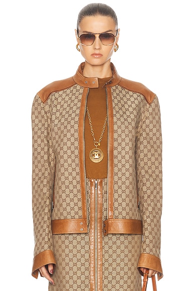 FWRD Renew Gucci GG Moto Jacket in Beige
