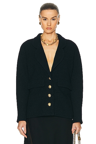 FWRD Renew Chanel Coco Gold Button Tweed Jacket in Black