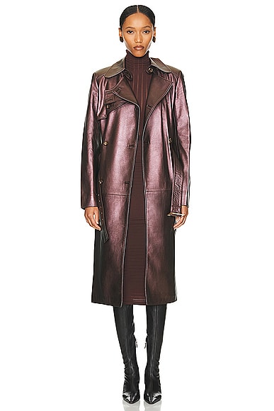 Shop Celine Leather Trench Coat In Brown