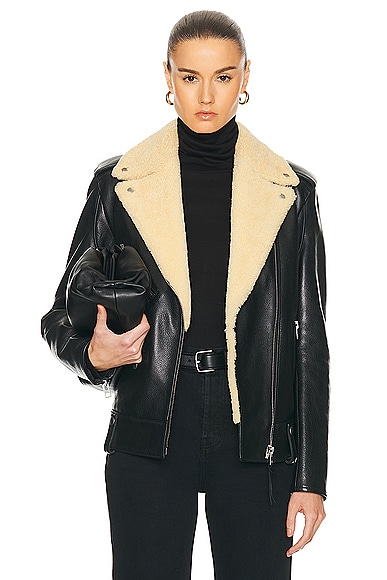 Leather Shearling Moto Jacket in Black