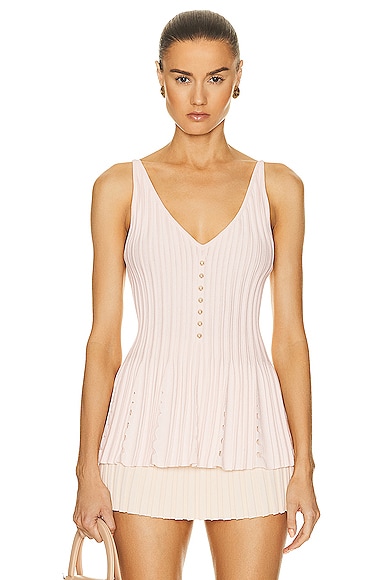 FWRD Renew Chanel Coco Button Knit Pleated Tank Top in Pink