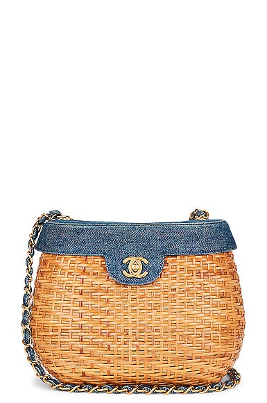 FWRD Renew Chanel Denim & Straw Basket Bag in Blue