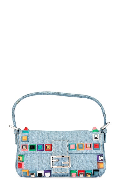 FWRD Renew Fendi Denim Flowers Baguette Bag in Blue FWRD