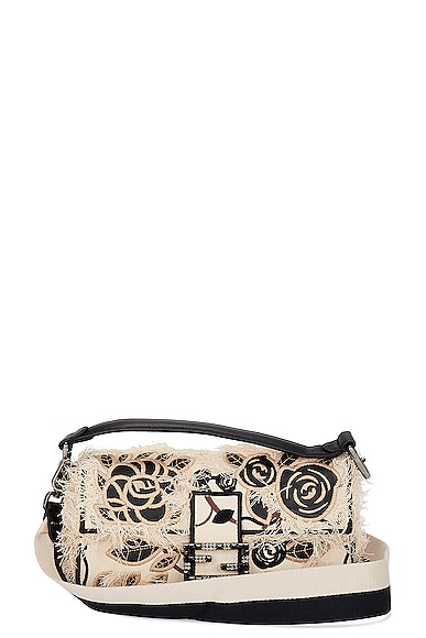 FWRD Renew Fendi Floral Embroidered Baguette Bag in Black & White