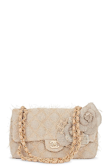FWRD Renew Chanel Camellia Linen Matelasse Chain Flap Bag in Beige
