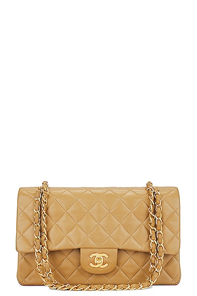 FWRD Renew Chanel Medium Quilted Lambskin Classic Double Flap Shoulder Bag in Beige