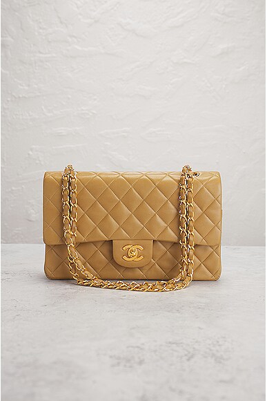 Pre-owned Chanel Quilted Lambskin Chain Flap Shoulder Bag In Beige