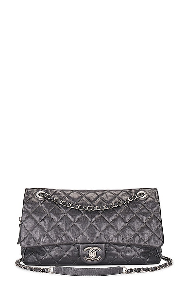 FWRD Renew Chanel Metallic Quilted Caviar Flap Shoulder Bag in Grey