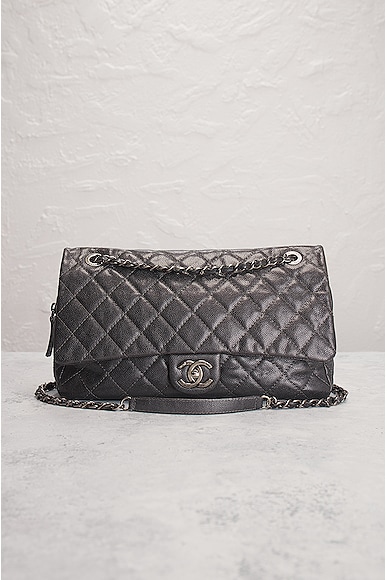 Pre-owned Metallic Quilted Caviar Flap Shoulder Bag In Grey