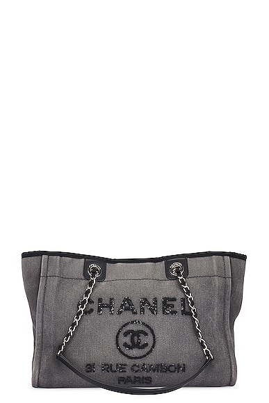 FWRD Renew Chanel Denim Chain Tote Bag in Medium Blue