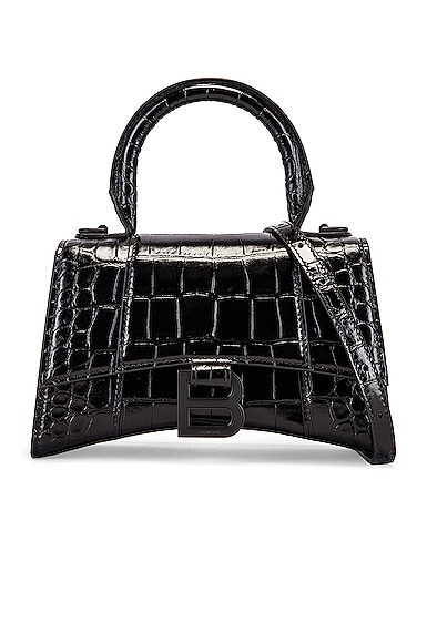 Balenciaga XS Embossed Croc Hourglass Top Handle Bag in Black