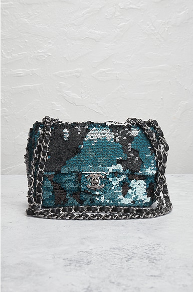 Pre-owned Chanel Sequin Turnlock Chain Flap Shoulder Bag In Blue