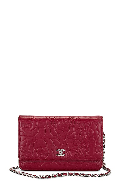 FWRD Renew Chanel Camellia Wallet On A Chain in Burgundy FWRD