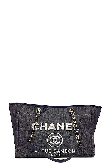 FWRD Renew Chanel Deauville Denim Chain Tote Bag in Navy