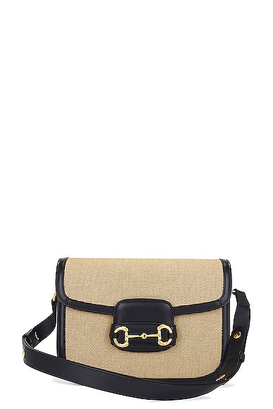 Gucci Horsebit Raffia Shoulder Bag in Beige