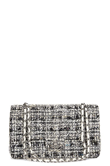 FWRD Renew Chanel Medium Tweed Double Flap Shoulder Bag in Black & White