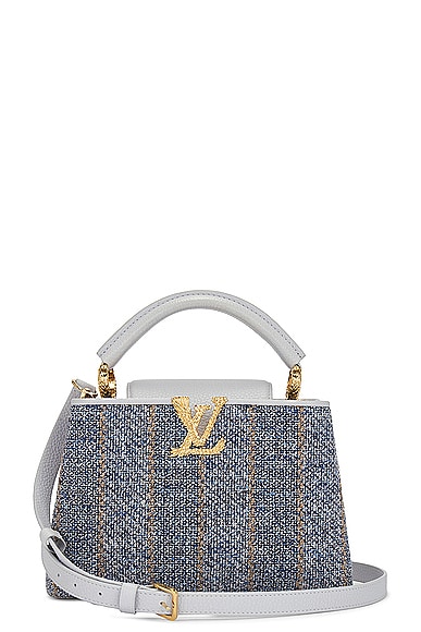 FWRD Renew Louis Vuitton Capucines Tweed 2 Way Handbag in Blue