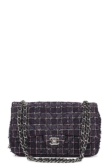 FWRD Renew Chanel Quilted Tweed Chain Double Flap Shoulder Bag in Navy