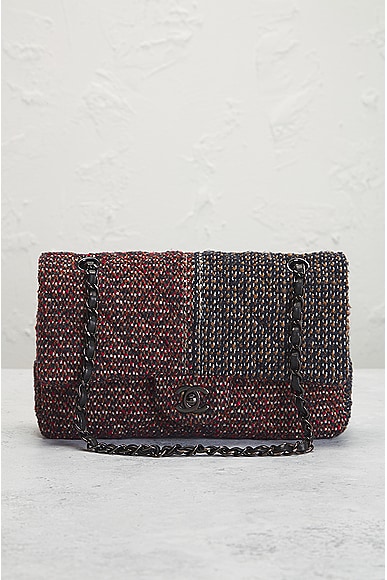 Pre-owned Chanel Quilted Tweed Double Flap Chain Shoulder Bag In Red
