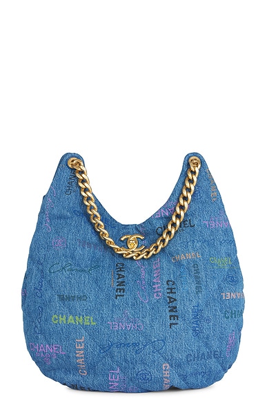 FWRD Renew Chanel Quilted Printed Denim Hobo Bag in Blue