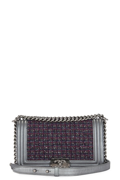 FWRD Renew Chanel Quilted Tweed Chain Boy Bag in Silver