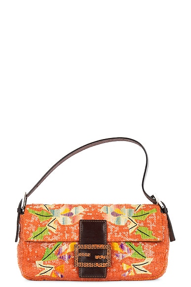 Shop Fendi Mama Embroidered Baguette Shoulder Bag In Orange