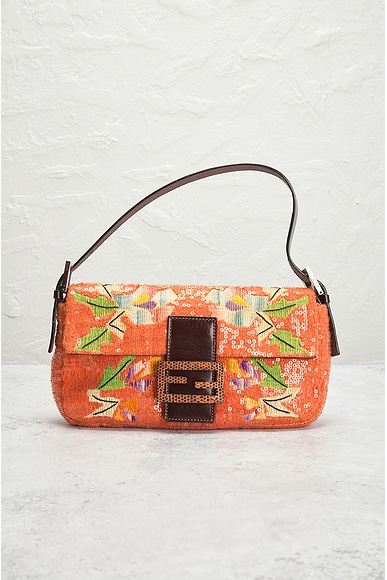 Shop Fendi Mama Embroidered Baguette Shoulder Bag In Orange