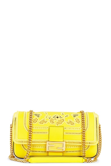 FWRD Renew Fendi Embroidered Leather Shoulder Bag in Yellow