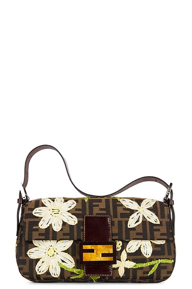 FWRD Renew Fendi Mama Floral Embroidered Baguette Shoulder Bag in Brown