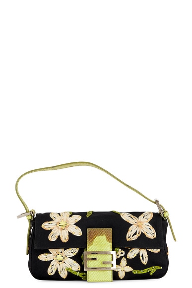 FWRD Renew Fendi Mama Floral Embroidered Baguette Shoulder Bag in Black