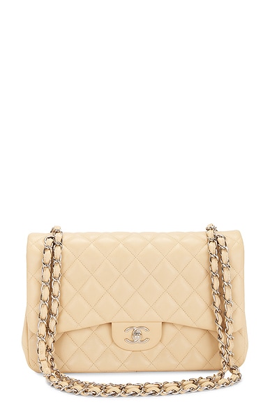 FWRD Renew Chanel Quilted Chain Double Flap Shoulder Bag in Tan