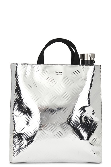 FWRD Renew Prada Metallic Spazzolato Embossed Tote Bag in Argento