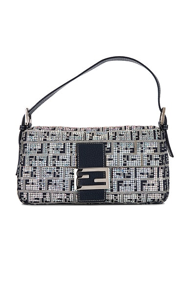 FWRD Renew Fendi Zucchino Crystal Baguette Shoulder Bag in Gray, Navy, & Silver