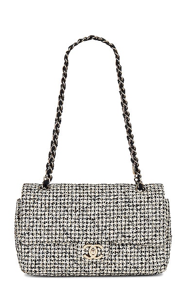 FWRD Renew Chanel Tweed Matelasse Chain Double Flap Shoulder Bag in Black & White