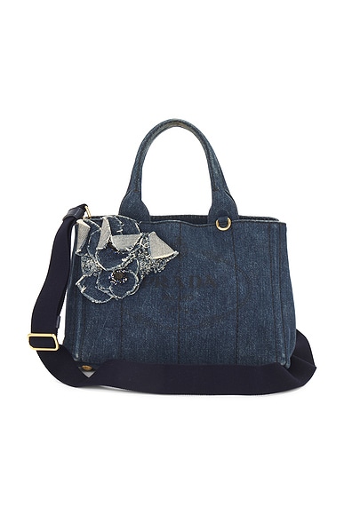 FWRD Renew Prada Denim Canapa Flower Handbag in Blue