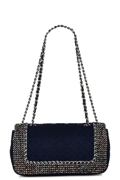 Pre-owned Chanel Quilted Tweed Flap Chain Shoulder Bag In Navy