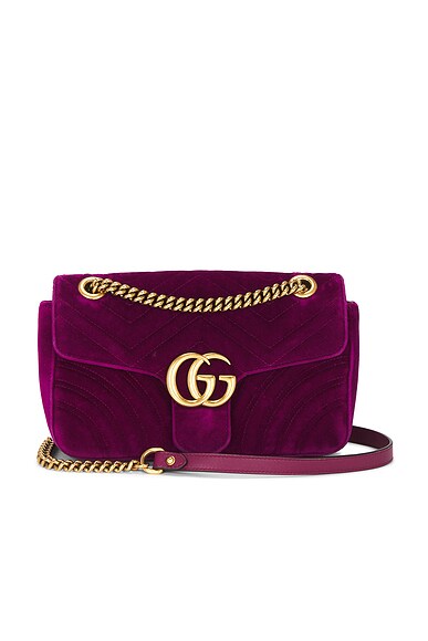 FWRD Renew Gucci Velvet GG Marmont Shoulder Bag in Fuchsia FWRD