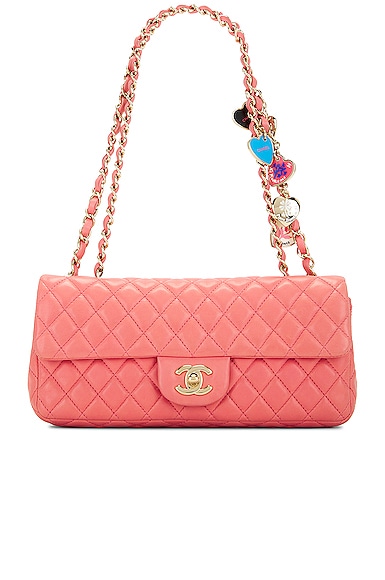 FWRD Renew Chanel Matelasse East West Valentine Charms Lambskin Single Flap Double Chain Bag in Pink