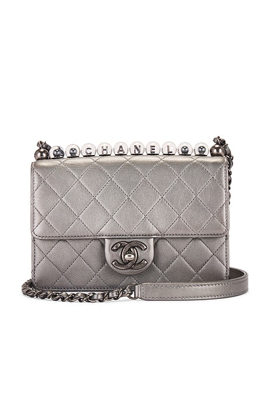 FWRD Renew Chanel Lambskin Chic Pearls Flap Bag in Silver